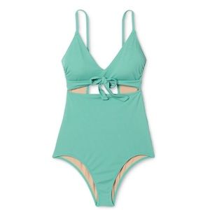 Women’s Ribbed Plunge Cut Out Sash-Tie One Piece Swimsuit size Large green